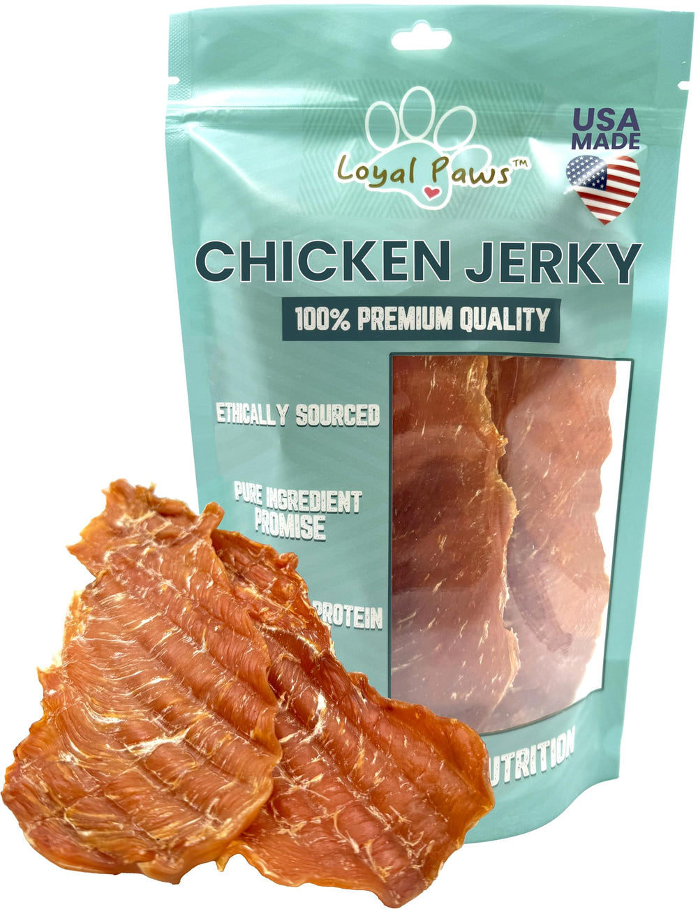Loyal Paws chicken jerky packaging highlights single-ingredient dog treats for clean nutrition.