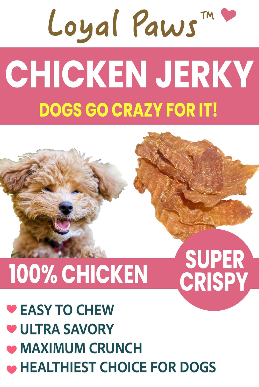 No artificial preservatives in Loyal Paws chicken jerky.