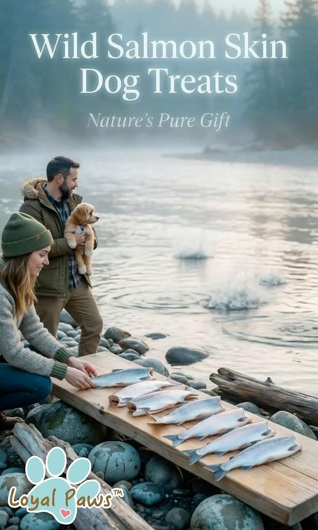 Loyal Paws salmon skins close-up, high-protein snack suitable for dogs of all sizes.