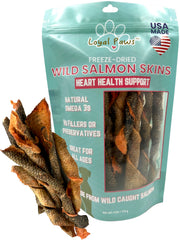 Loyal Paws Wild Salmon Skins twists in a bag, rich in omega-3 for heart and coat support.