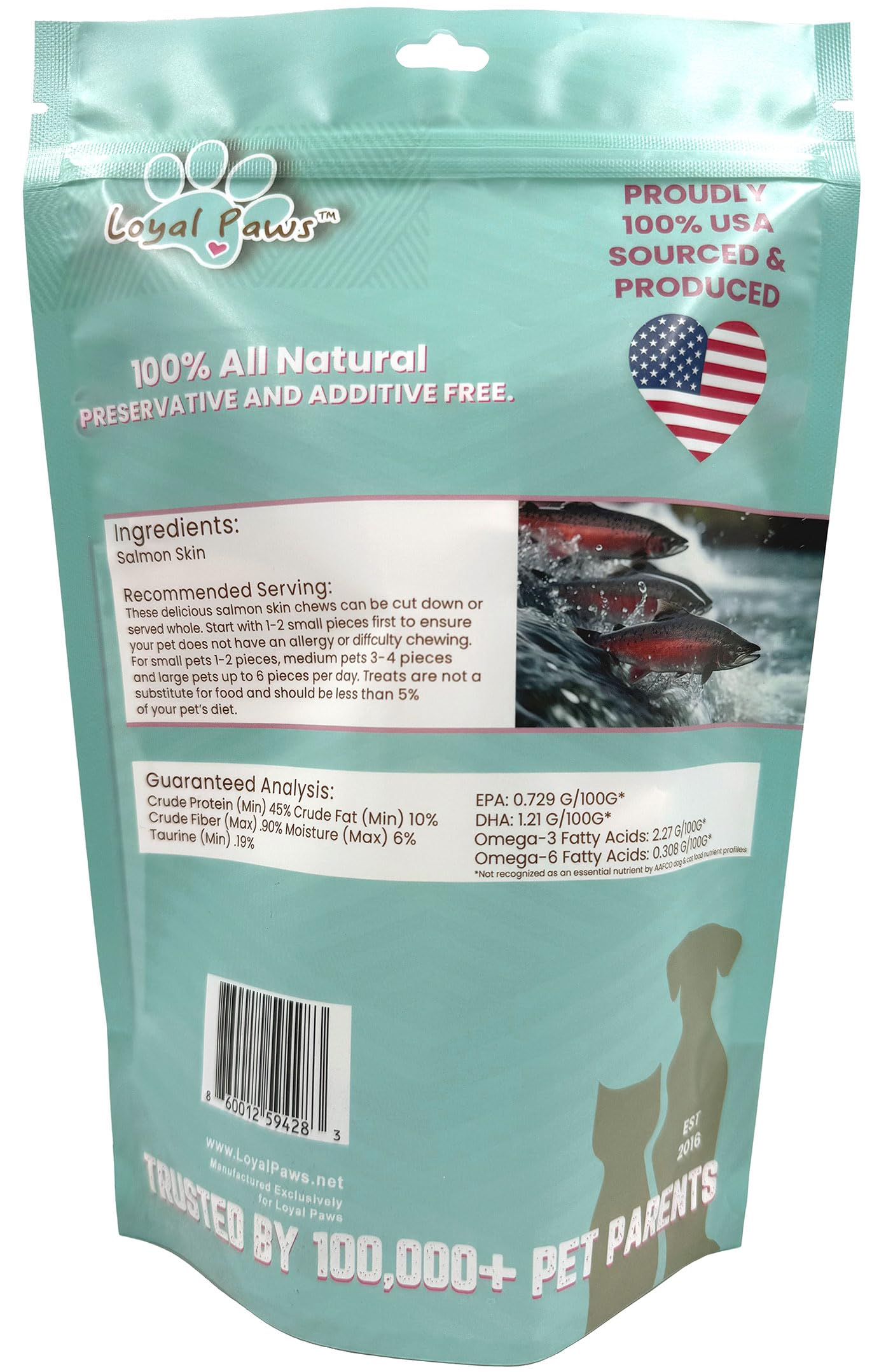 Loyal Paws USA-sourced salmon skins, high-protein treat for larger dogs.