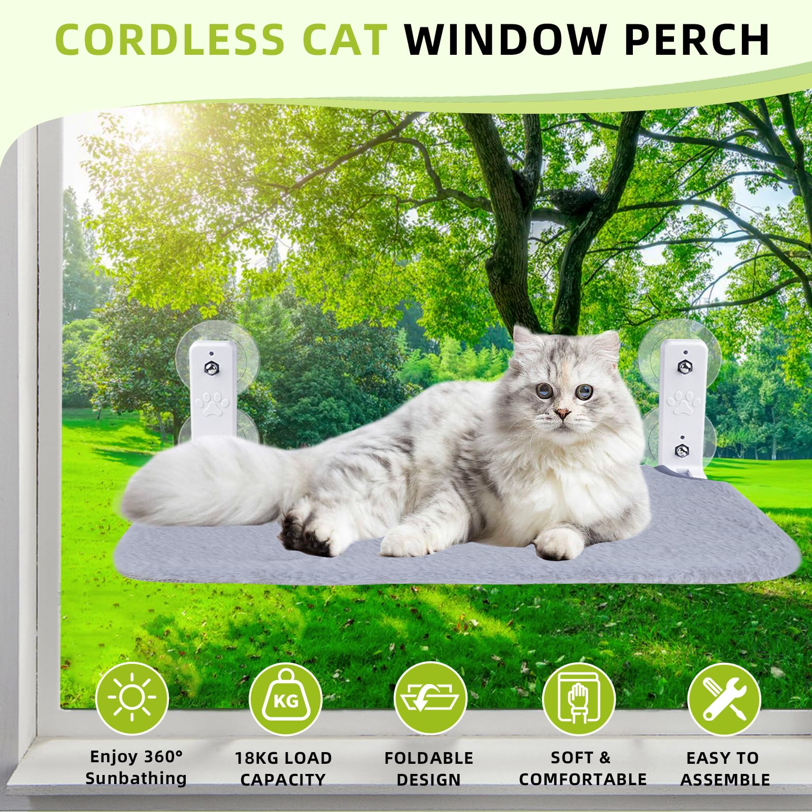lrjrizzo cat window perch four suction cups provide strong indoor mounting.