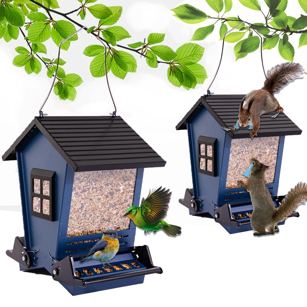 LSCQYYCC Bird Feeder blue outdoor view attracts cardinals and chickadees for year-round backyard viewing.