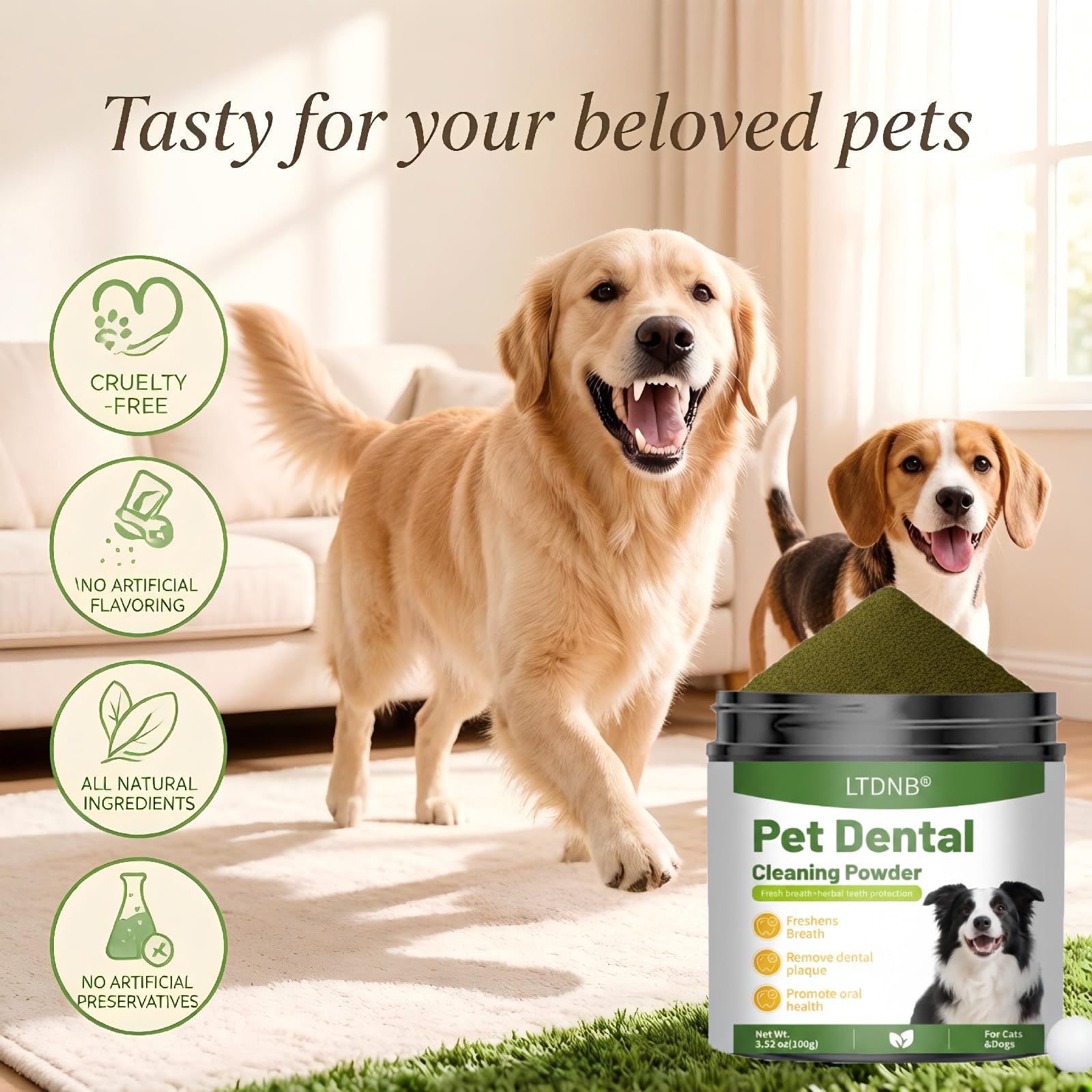 LTDNB Dog Dental Powder daily-use demonstrates compatibility across breeds and sizes.