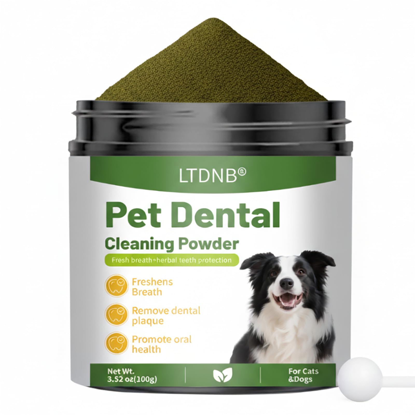 LTDNB Dog Dental Powder meat flavor bottle enhances palatability and dental care.