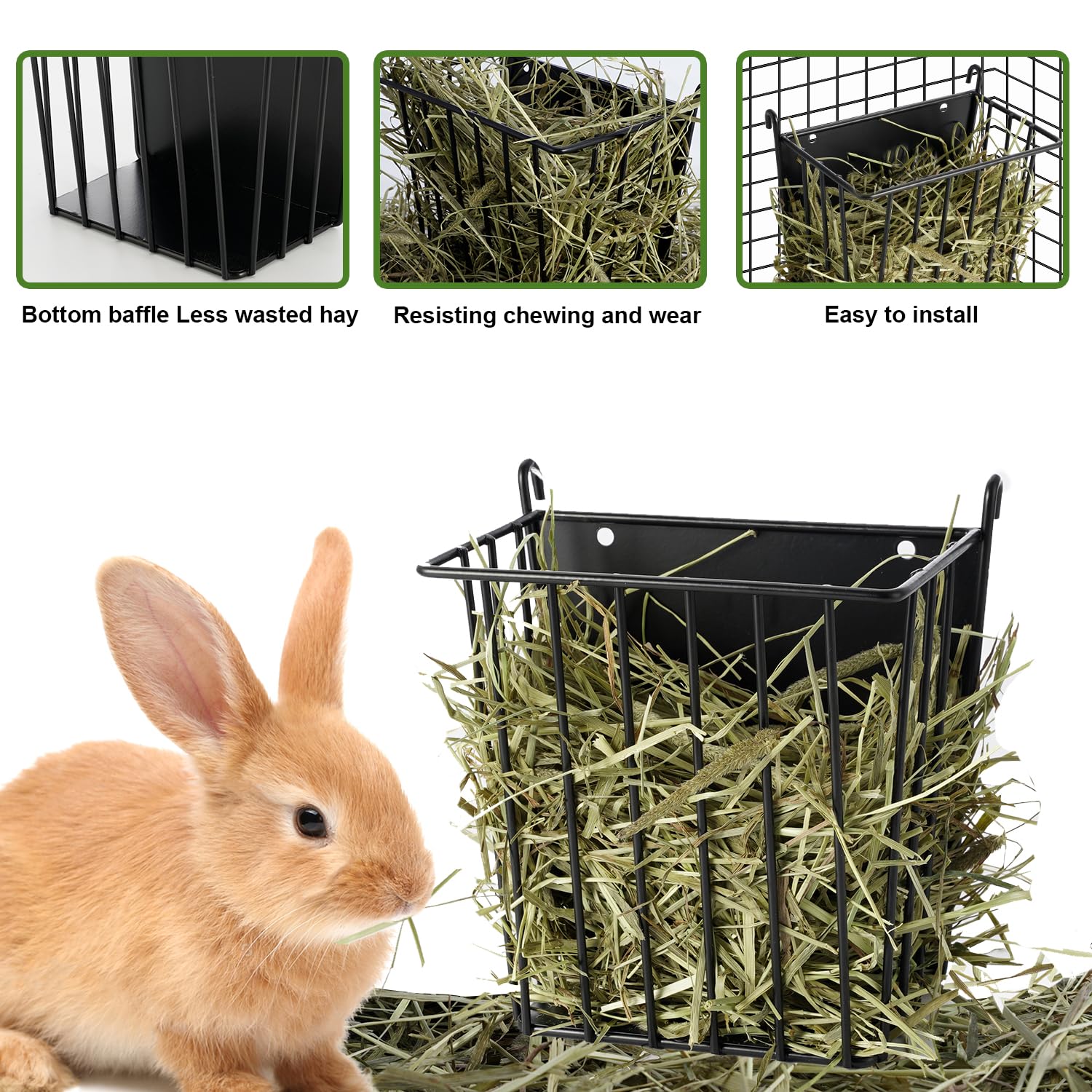 LUAVIARU durable metal-frame hay holder withstands playful nibbling