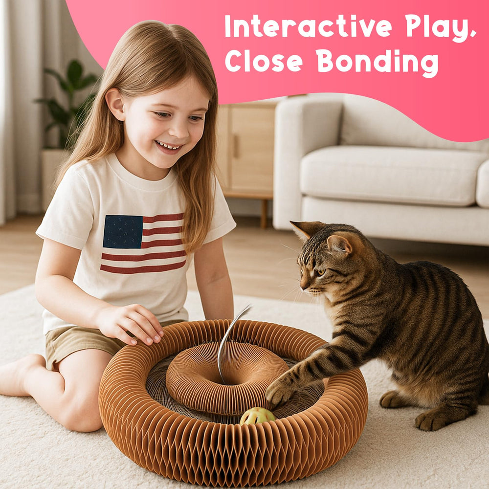 Lubana Kitty Curls honeycomb scratcher highlights sturdy cardboard design.