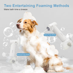 Lubeau dog shampoo foamer dispenses rich foam over the coat.