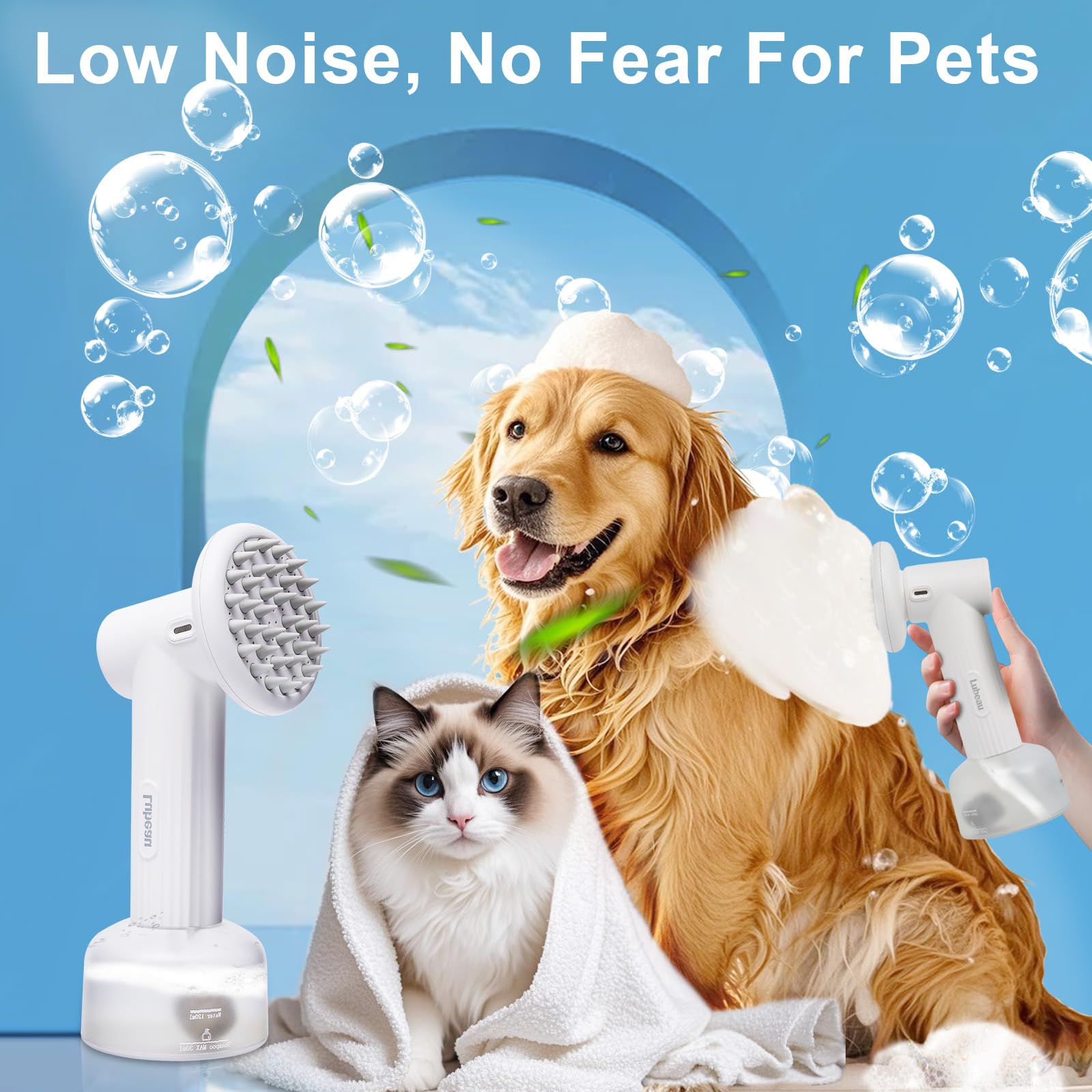 Lubeau operates quietly to ease anxious pets during baths.