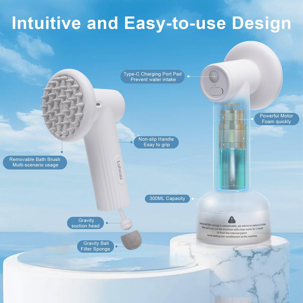 Lubeau rechargeable dog shampoo sprayer with long battery life indicator.