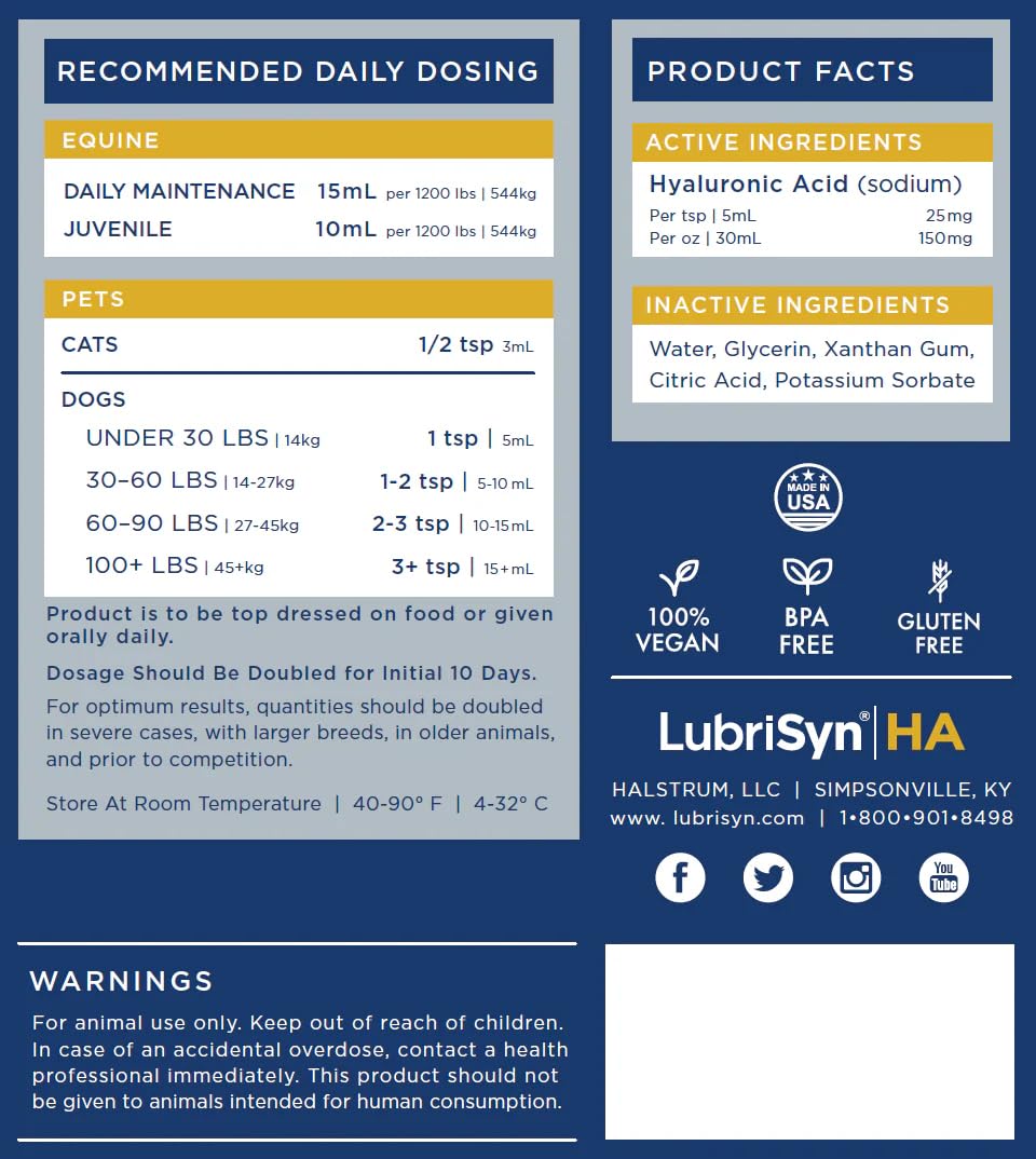 Dogs, cats, and horses show improved movement with LubriSynHA joint support.