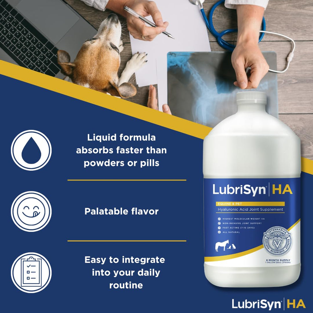 LubriSynHA liquid being dispensed for daily dosing into pet food.