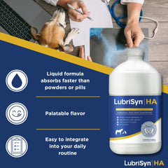 LubriSynHA liquid being dispensed for daily dosing into pet food.