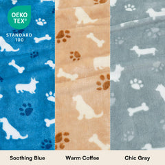 Luciphia 3-pack grey dog-printed fleece blankets, soft warmth for pets and home.
