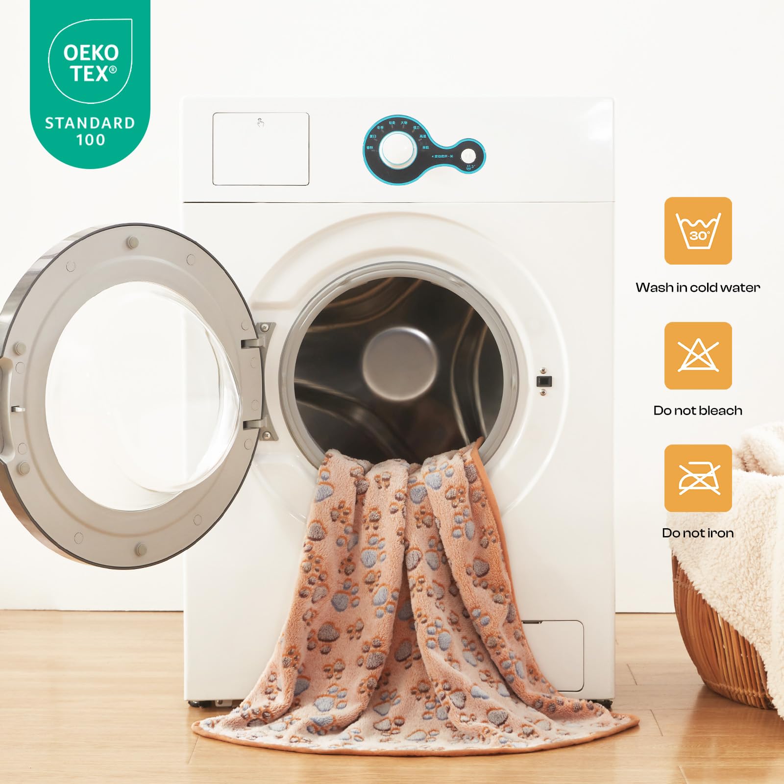 Luciphia blanket label indicates machine washable and dryer-safe care.