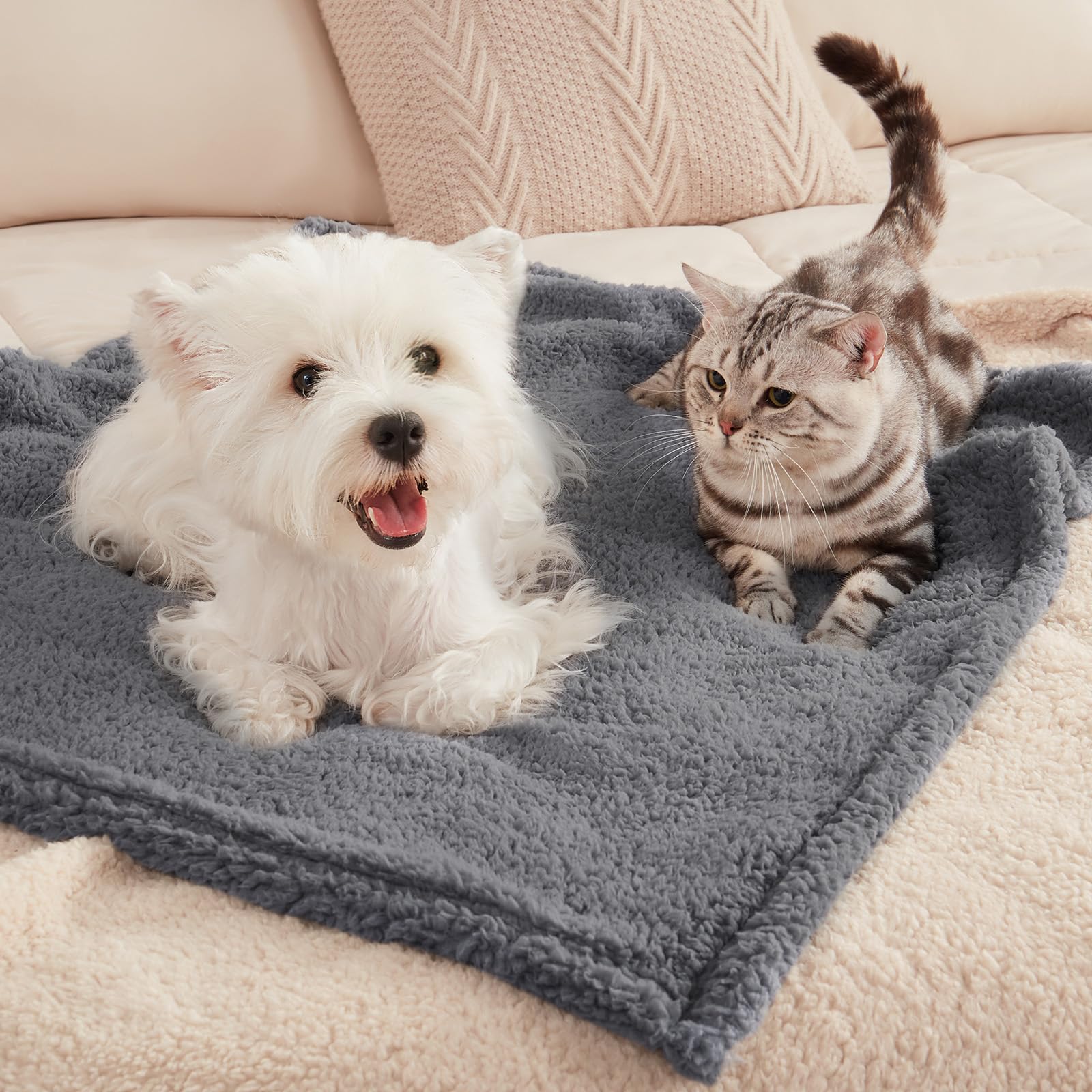 Luciphia calming blanket beige color closeup; blends with home decor and pets.