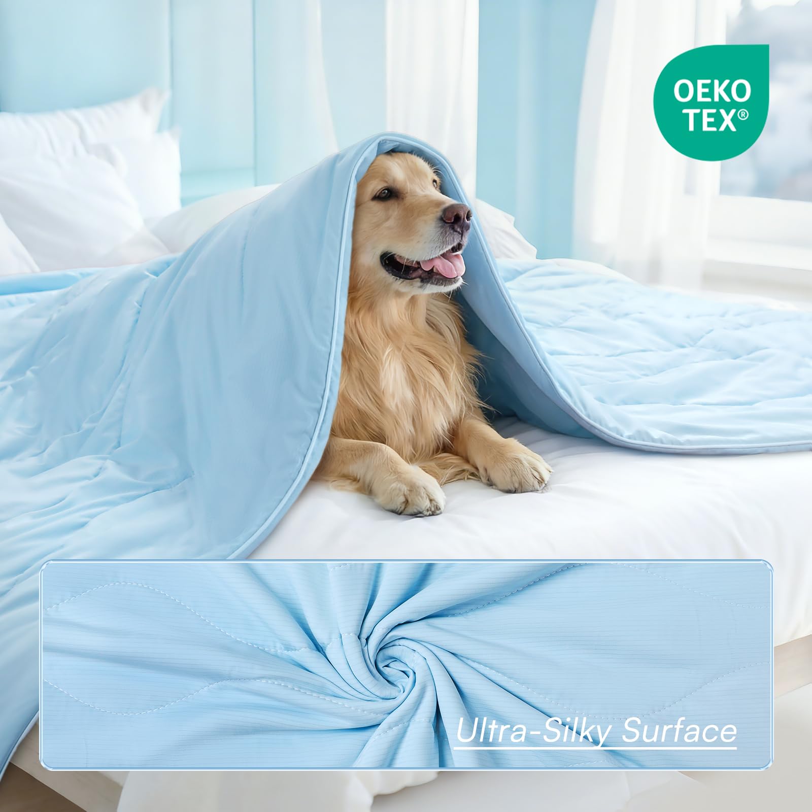 Luciphia cooling blanket with a puppy demonstrates gentle comfort during naps