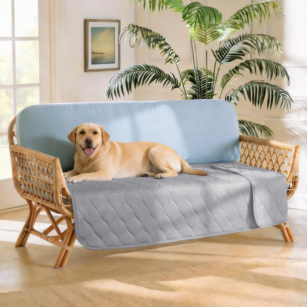 Luciphia cooling mat with heat-dispersion fabric on a sofa.