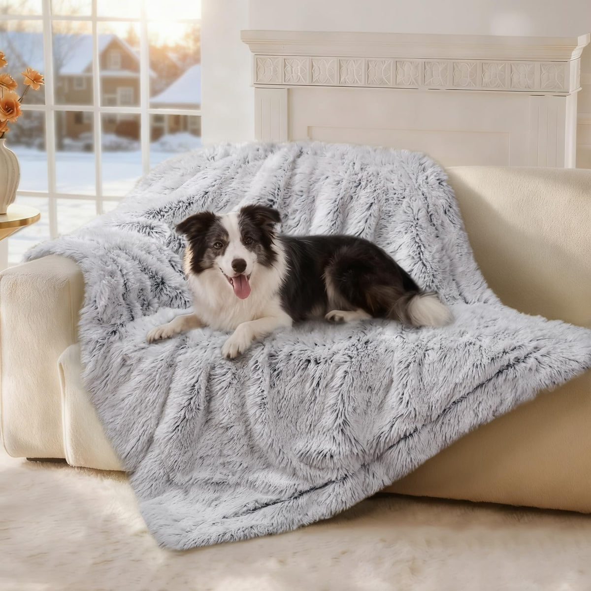 Luciphia large waterproof dog blanket close-up of plush faux fur designed for calming comfort