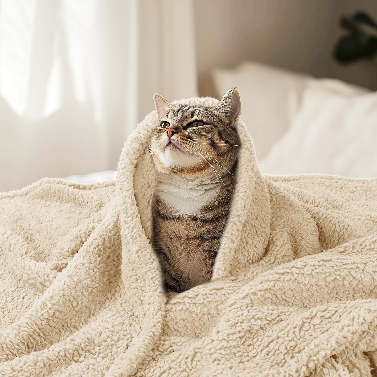 Luciphia beige blanket on a couch to help reduce pet shedding.