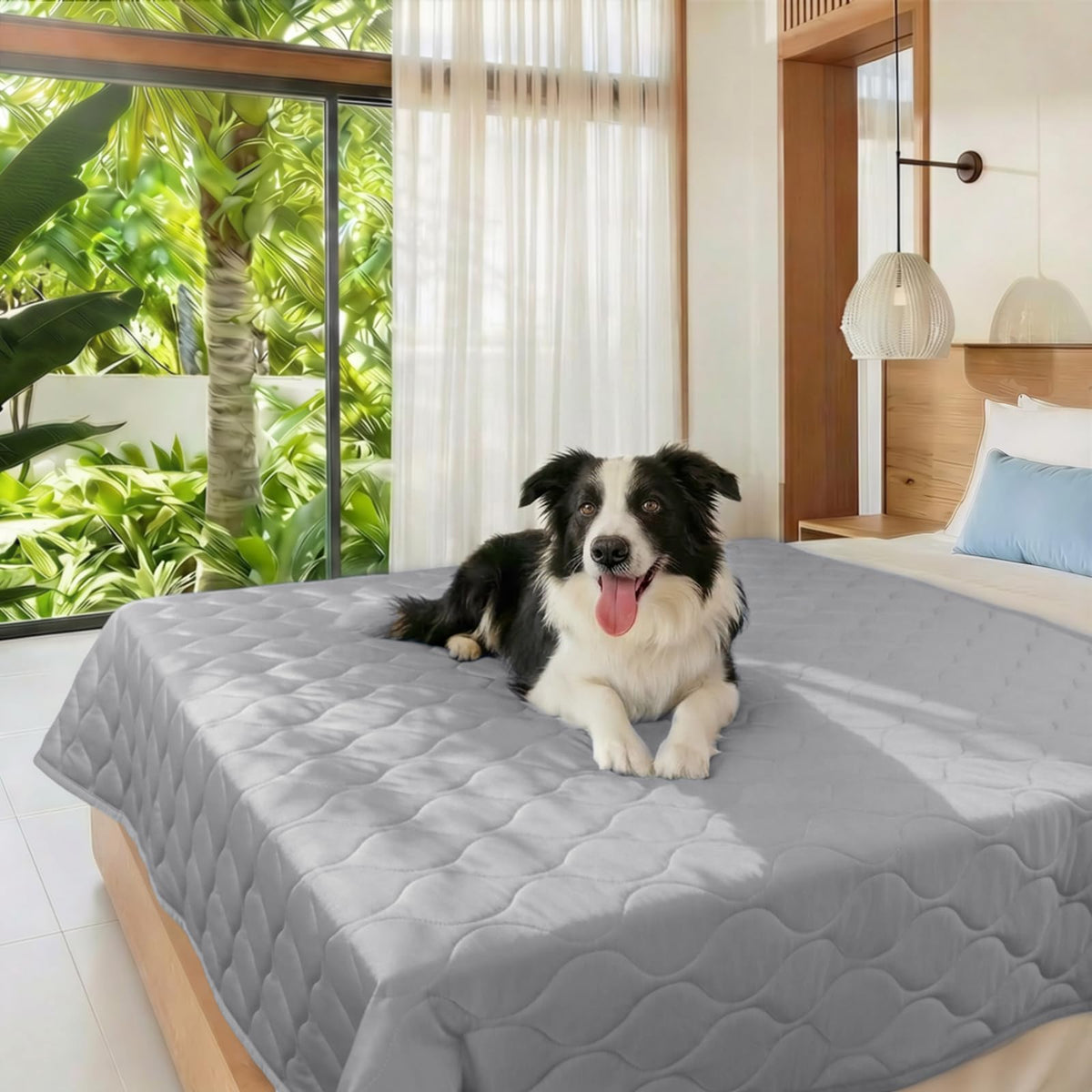 Luciphia cooling mat on a dog couch offering cooling comfort and furniture protection.