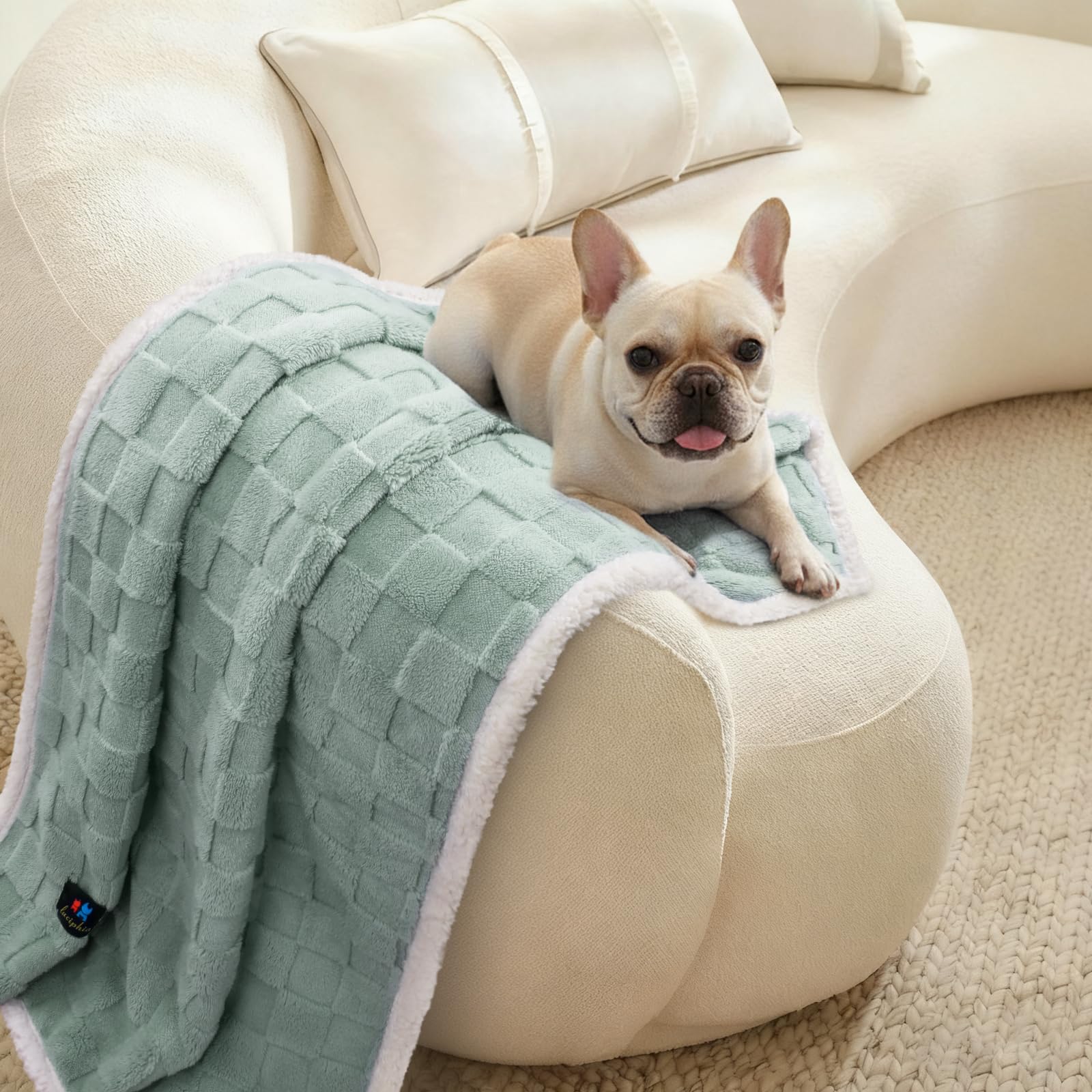 Luciphia blanket on bed illustrating use as extra pet bedding