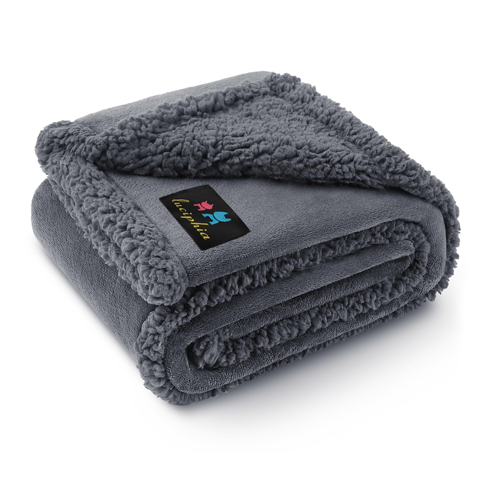 Luciphia waterproof pet blanket front view highlighting dual-sided fleece and sherpa warmth.