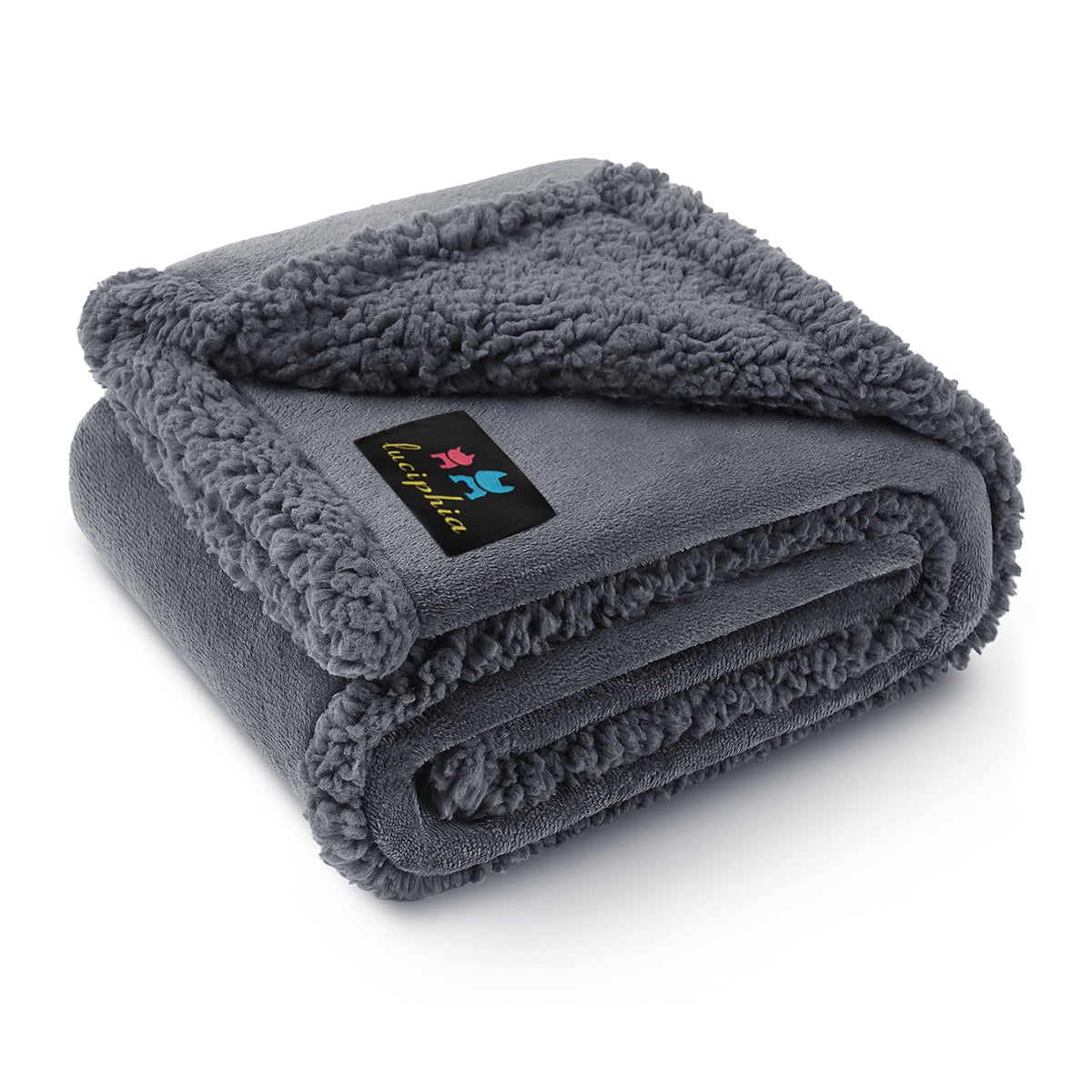 Luciphia waterproof pet blanket front view highlighting dual-sided fleece and sherpa warmth.