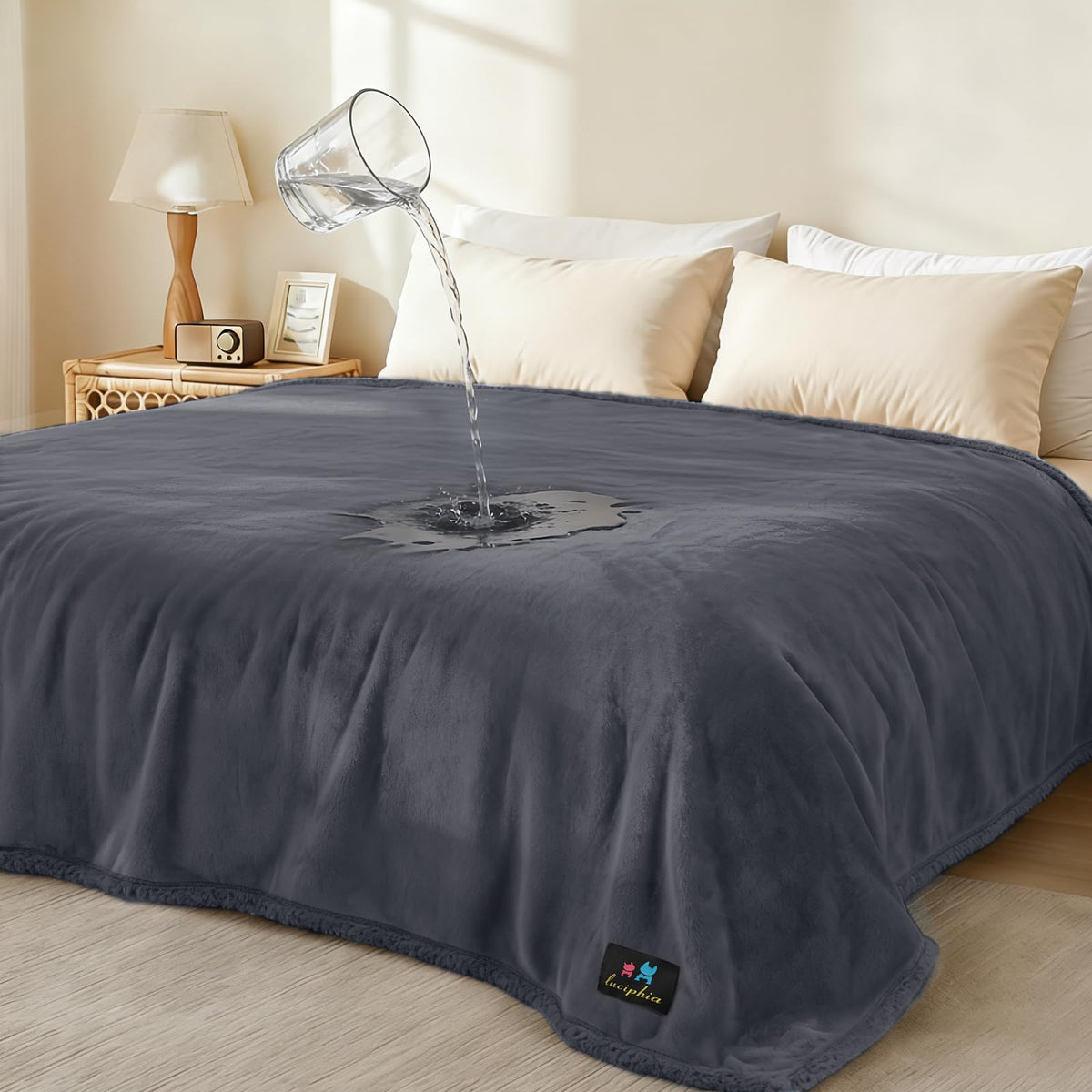 Luciphia waterproof pet blanket on sofa showing triple-layer protection against spills