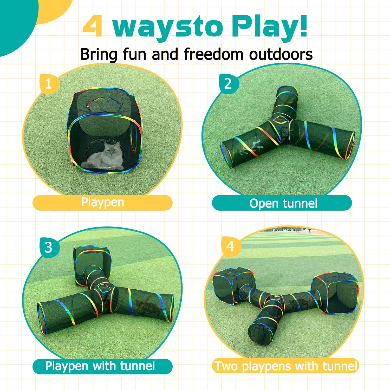LUCKITTY 3-way tunnel connects to the tent for extended outdoor fun.