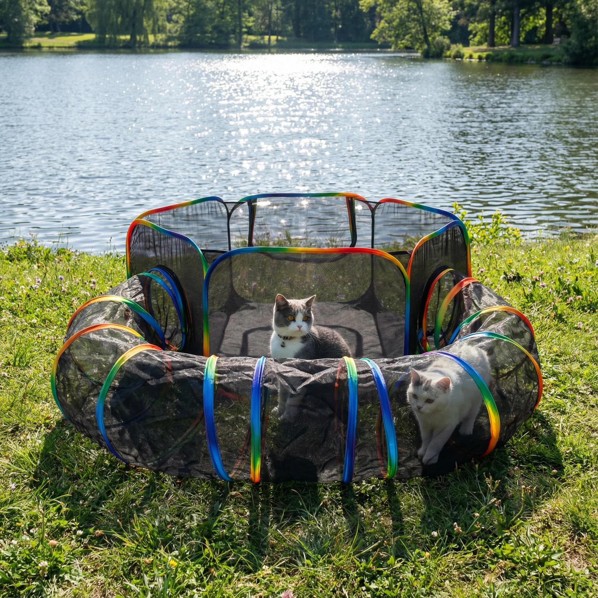 LUCKITTY tunnel connects to the tent to extend outdoor play.