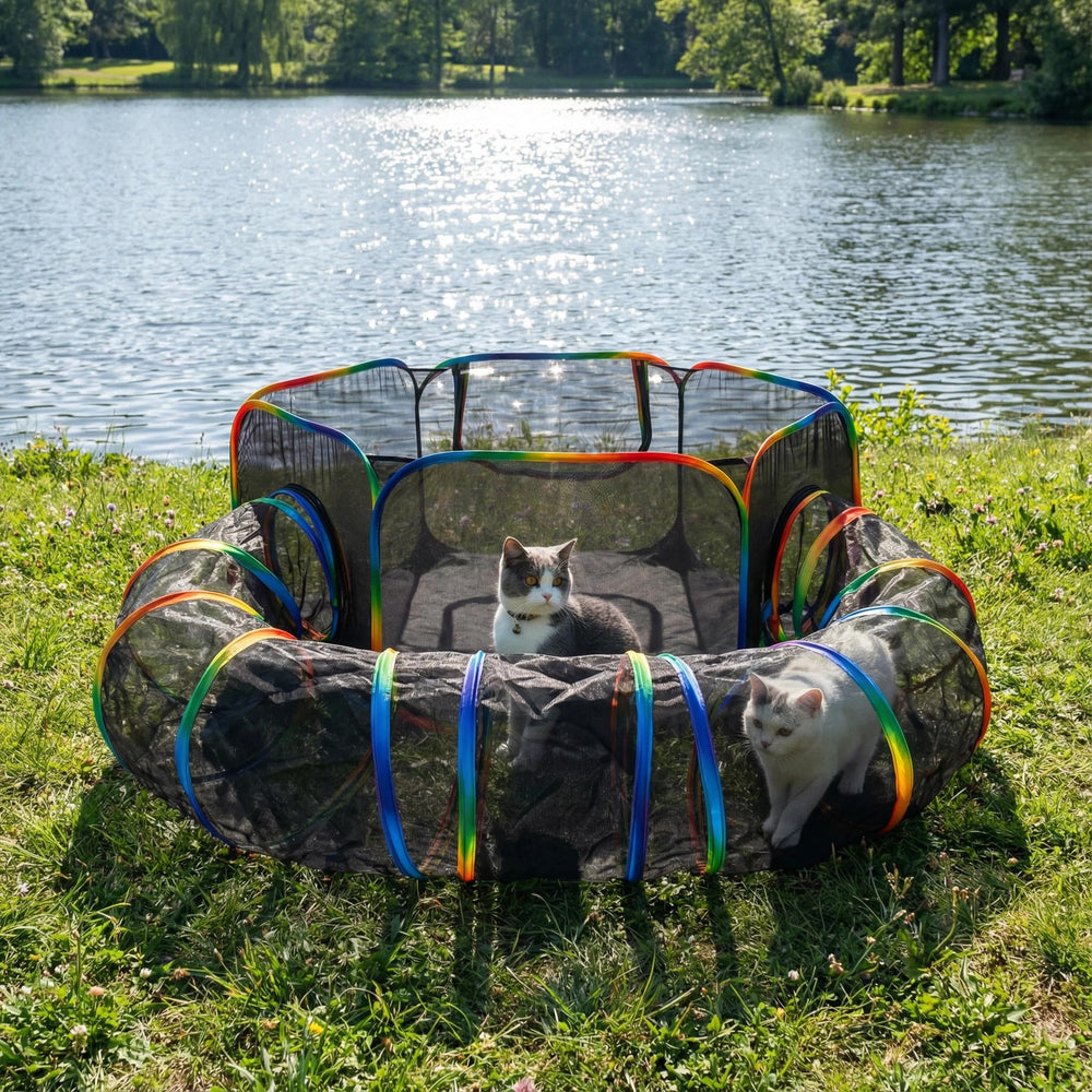LUCKITTY tunnel connects to the tent to extend outdoor play.
