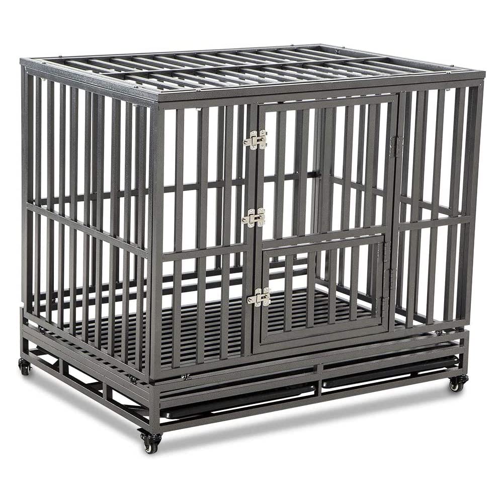 LUCKUP 42-inch heavy duty dog cage front view with secure doors for containment