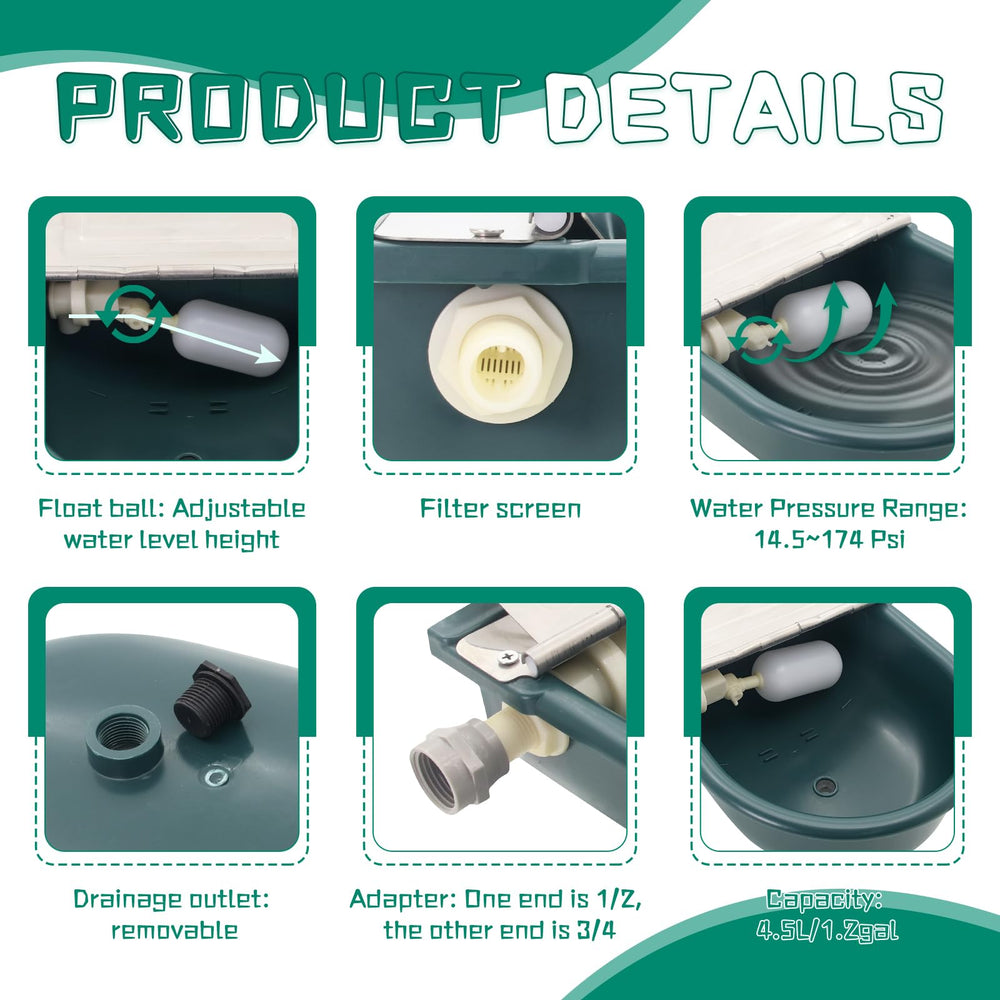 Lucky Farm float-valve assembly shown for steady water flow and level control.