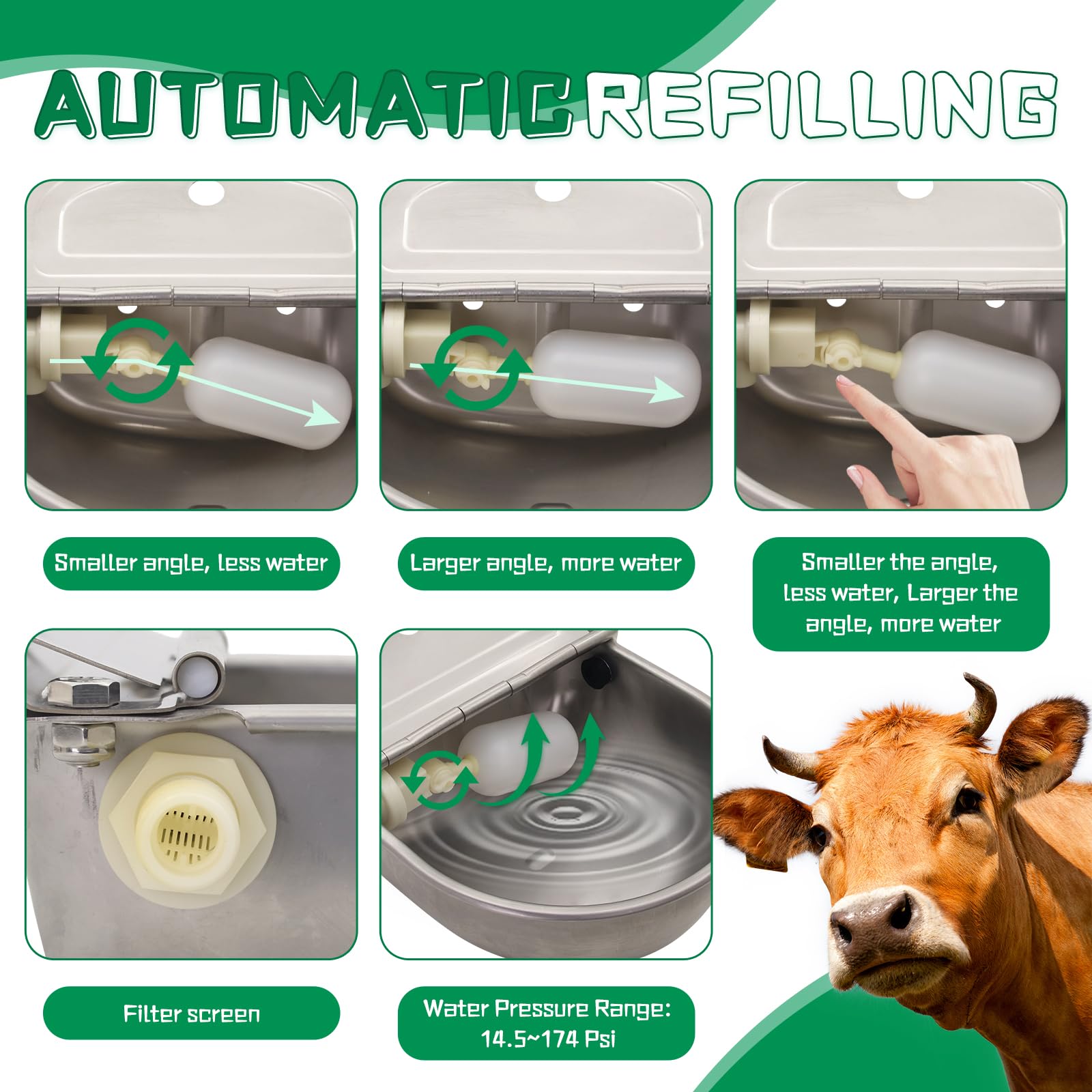 Lucky Farm trough waterer stainless-steel shows durable design for livestock.