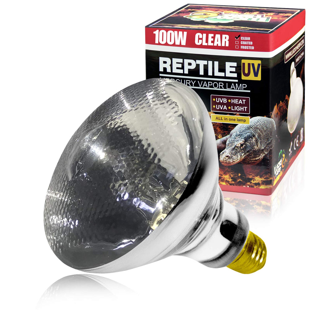 LUCKY HERP 100W UVA UVB vapor heat lamp bulb in use warms reptile enclosure.