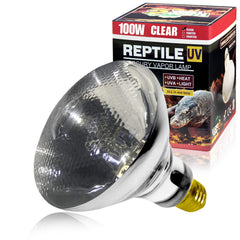 LUCKY HERP 100W UVA UVB vapor heat lamp bulb in use warms reptile enclosure.