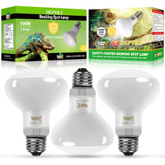 Lucky Herp 3rd-gen 100W reptile heat lamp bulb close-up showing explosion-proof coating for safer heating.