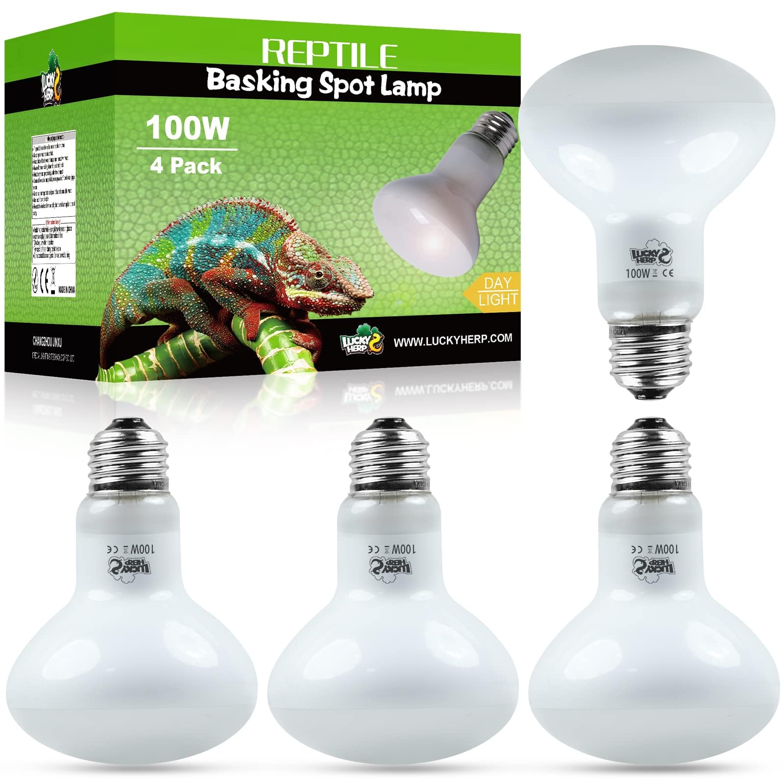 LUCKY HERP 4-pack heat lamp bulbs for reptile basking setups.