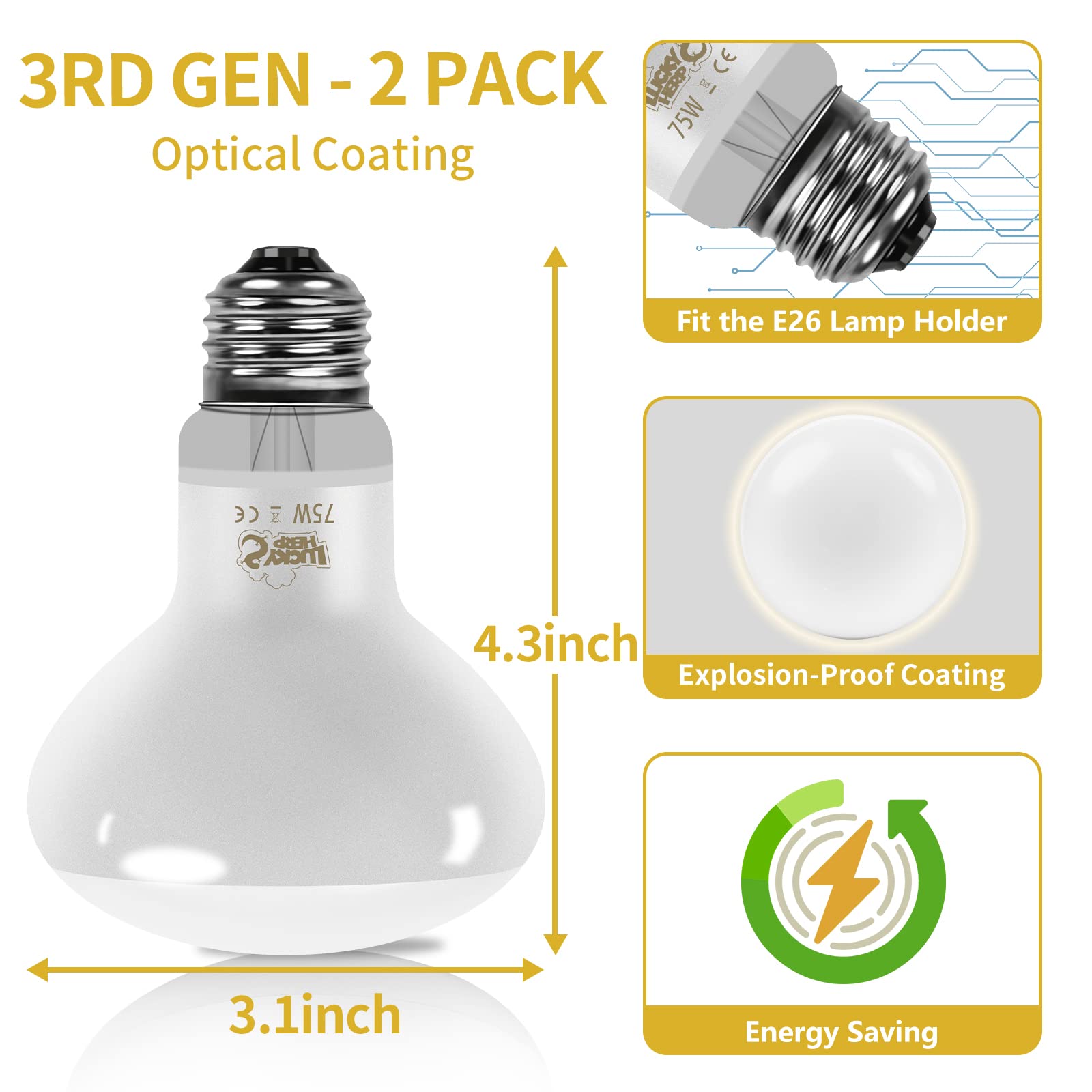 LUCKY HERP 75W lamp fits E26 base for easy 120V installation