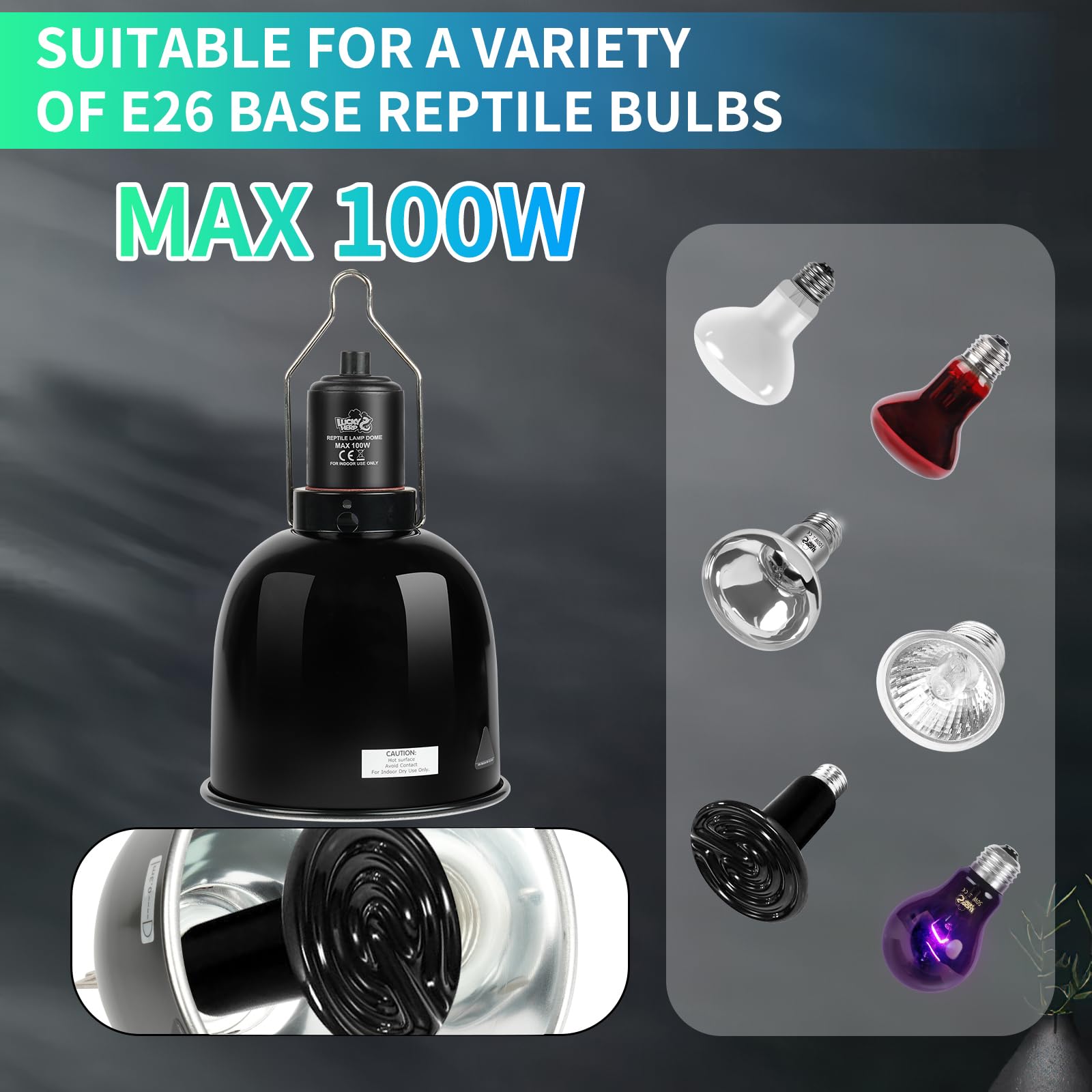 LUCKY HERP standard E26 base up to 100W compatibility in terrarium setups.