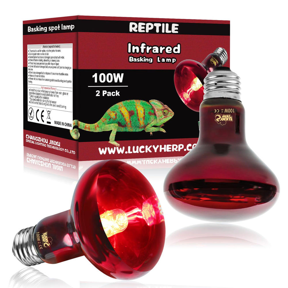 LUCKY HERP infrared heat lamp two-pack provides reliable terrarium warmth.