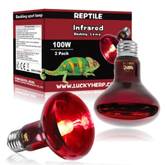 LUCKY HERP infrared heat lamp two-pack provides reliable terrarium warmth.