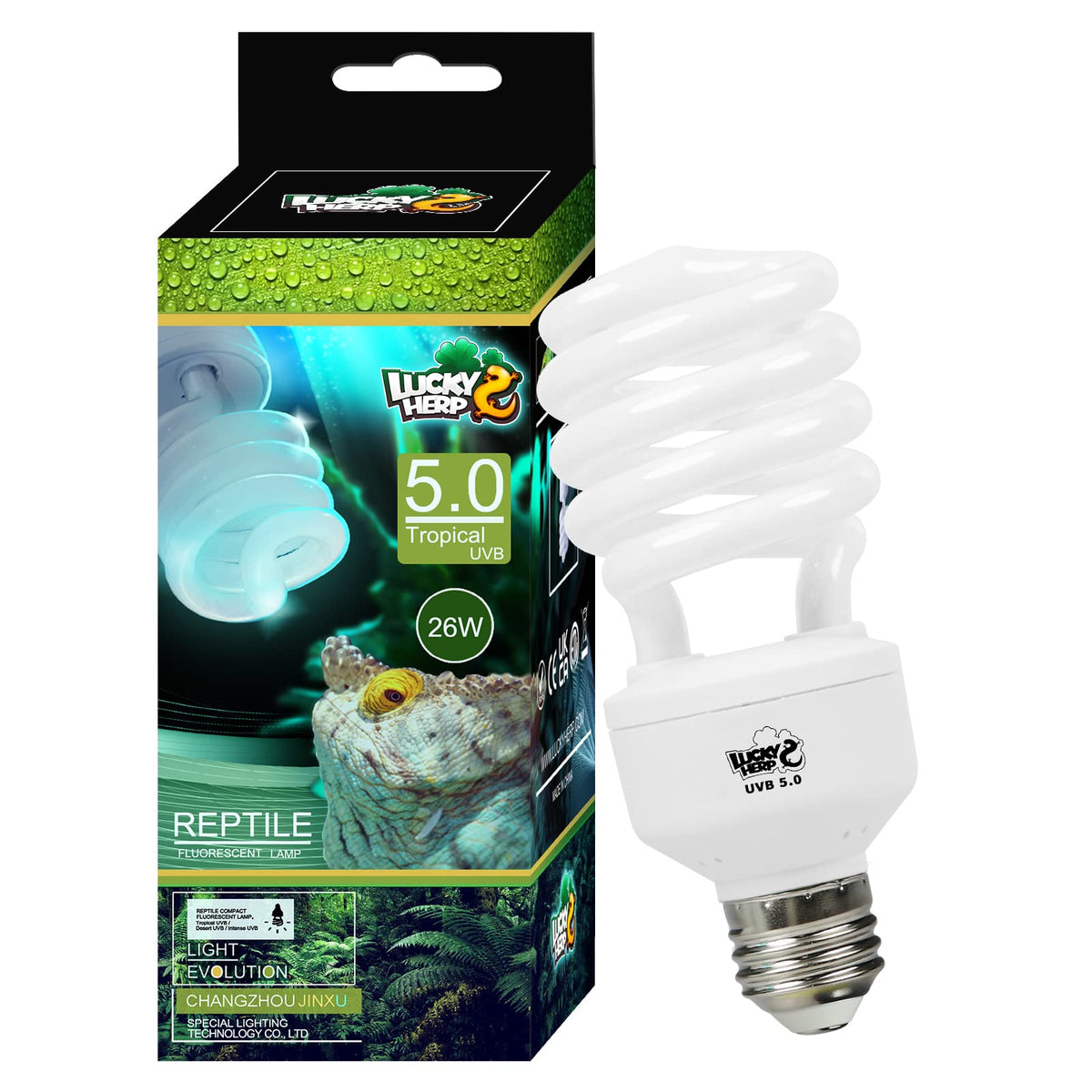 LUCKY HERP Reptile UVA UVB Light 5.0 26W over terrarium boosts basking heat and color.
