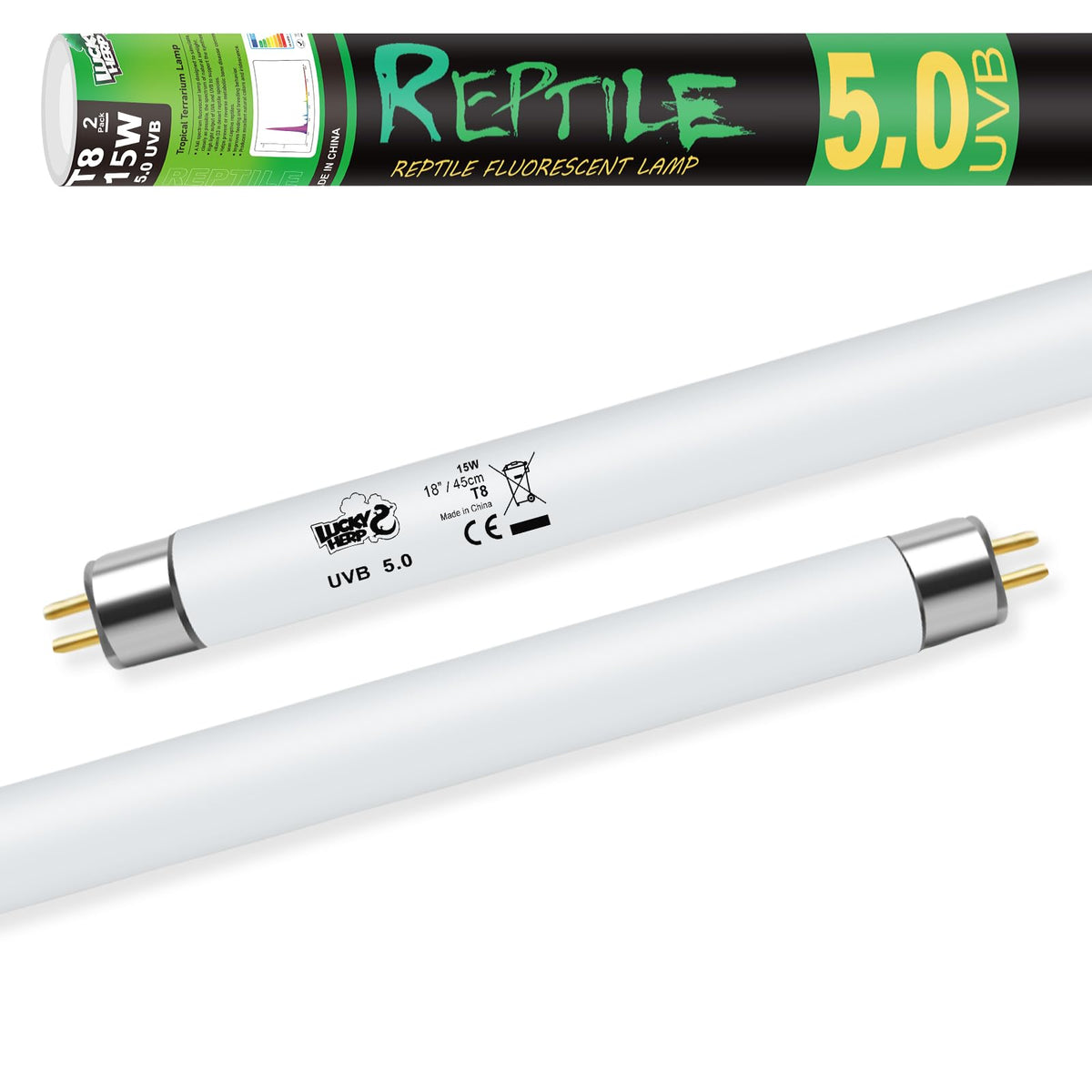 LUCKY HERP T8 15W UVB bulb close-up supports tropical reptiles with balanced UV exposure.