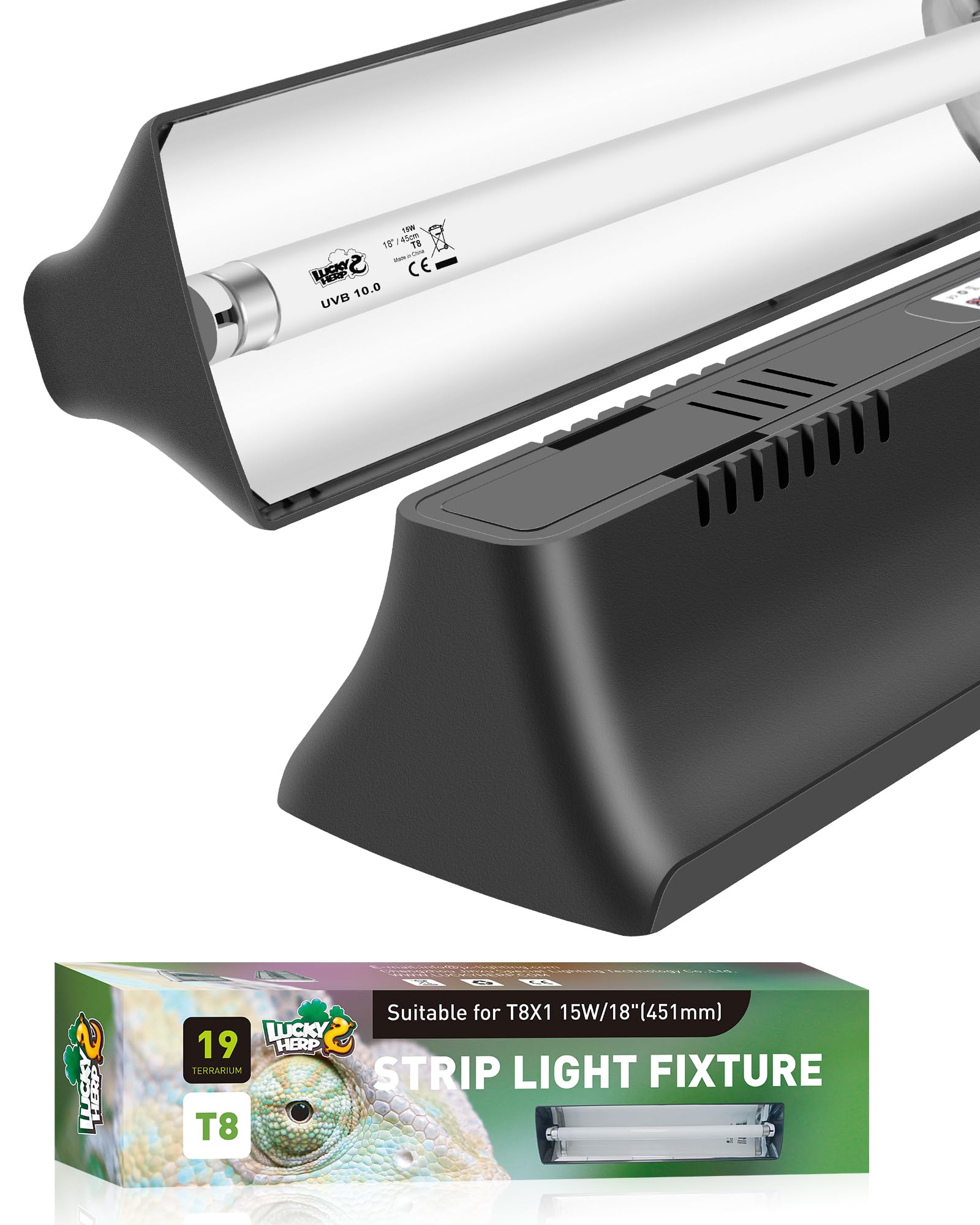 Lucky Herp T8 reptile light kit front view with even UVB coverage for terrariums