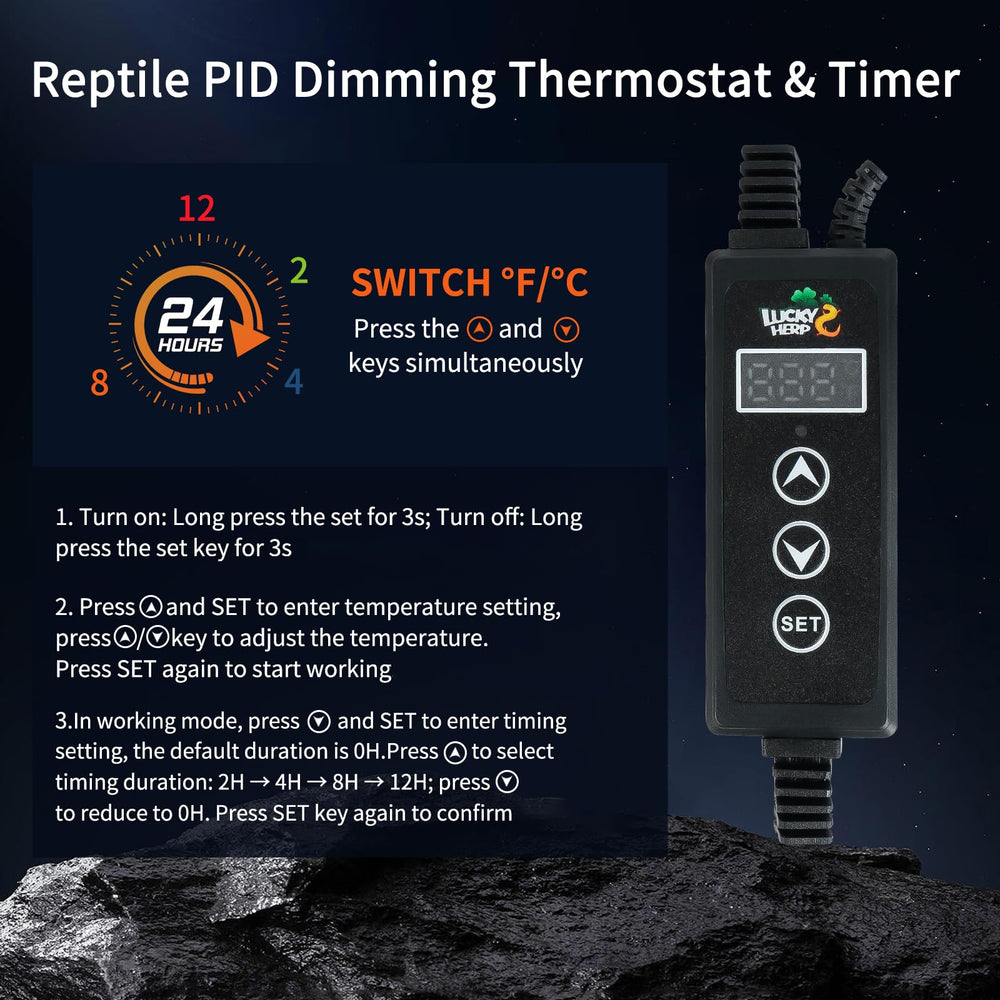 LUCKY HERP timer function close-up highlights programmable cycles for basking.