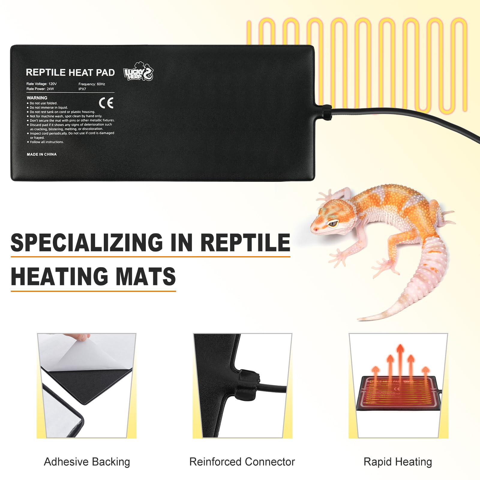 LUCKY HERP versatile heat source for reptiles and amphibians in glass tanks.