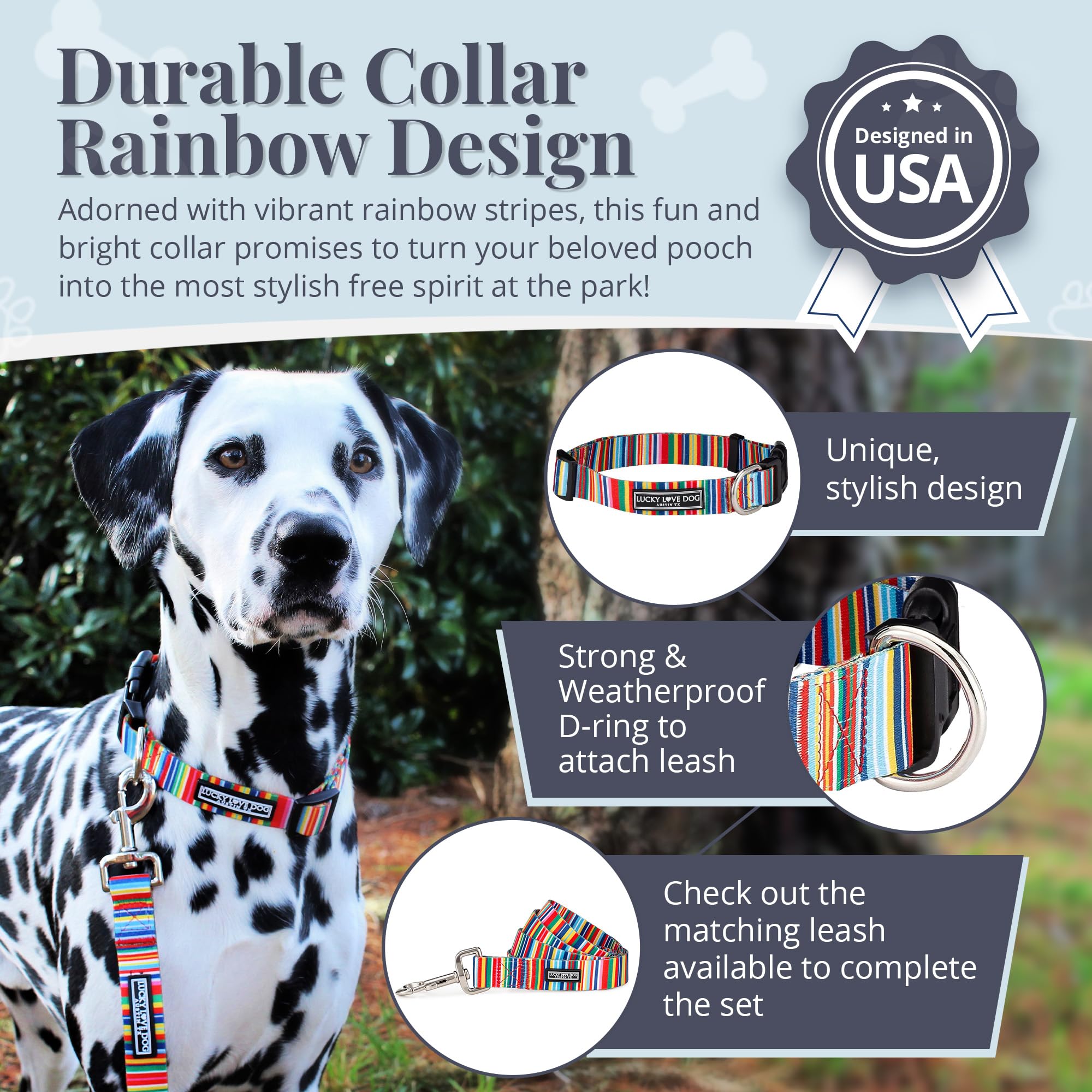 Lucky Love Dog collar worn by a large dog showing a comfortable fit.