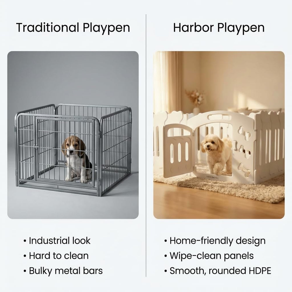 LUCKY MUFFIN dog playpen side view showing sturdy HDPE panels for stable indoor boundaries.
